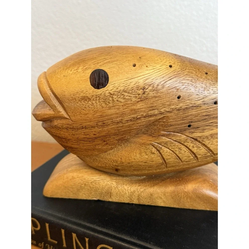 Vintage McM Hand Carved Hard Wood Fish Sculpture Appetizer Toothpick Holder‎